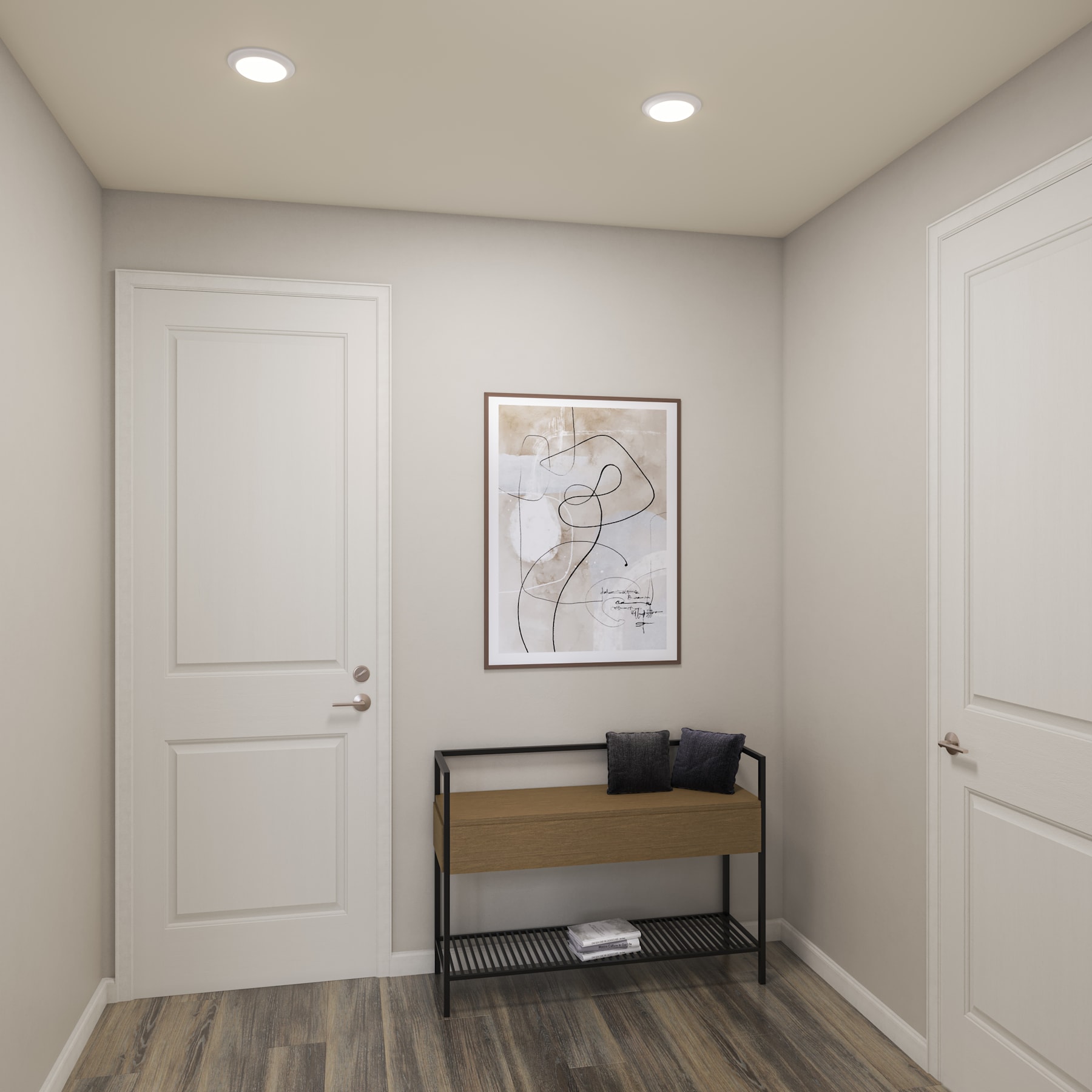 A minimalist entryway with a wooden bench, a framed artwork on the wall, and two recessed ceiling lights in a neutral-toned room.