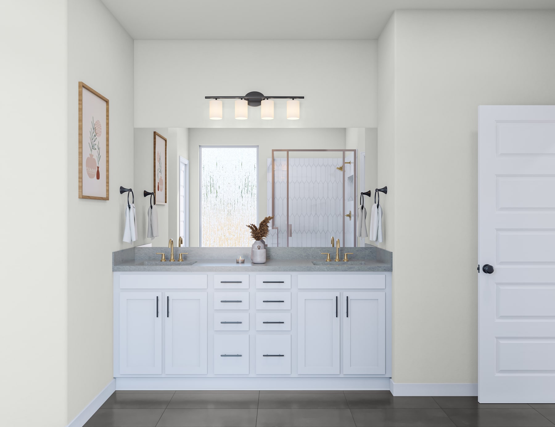 A modern and minimalist bathroom interior with a double vanity, framed artwork, and a light fixture above the mirrors.