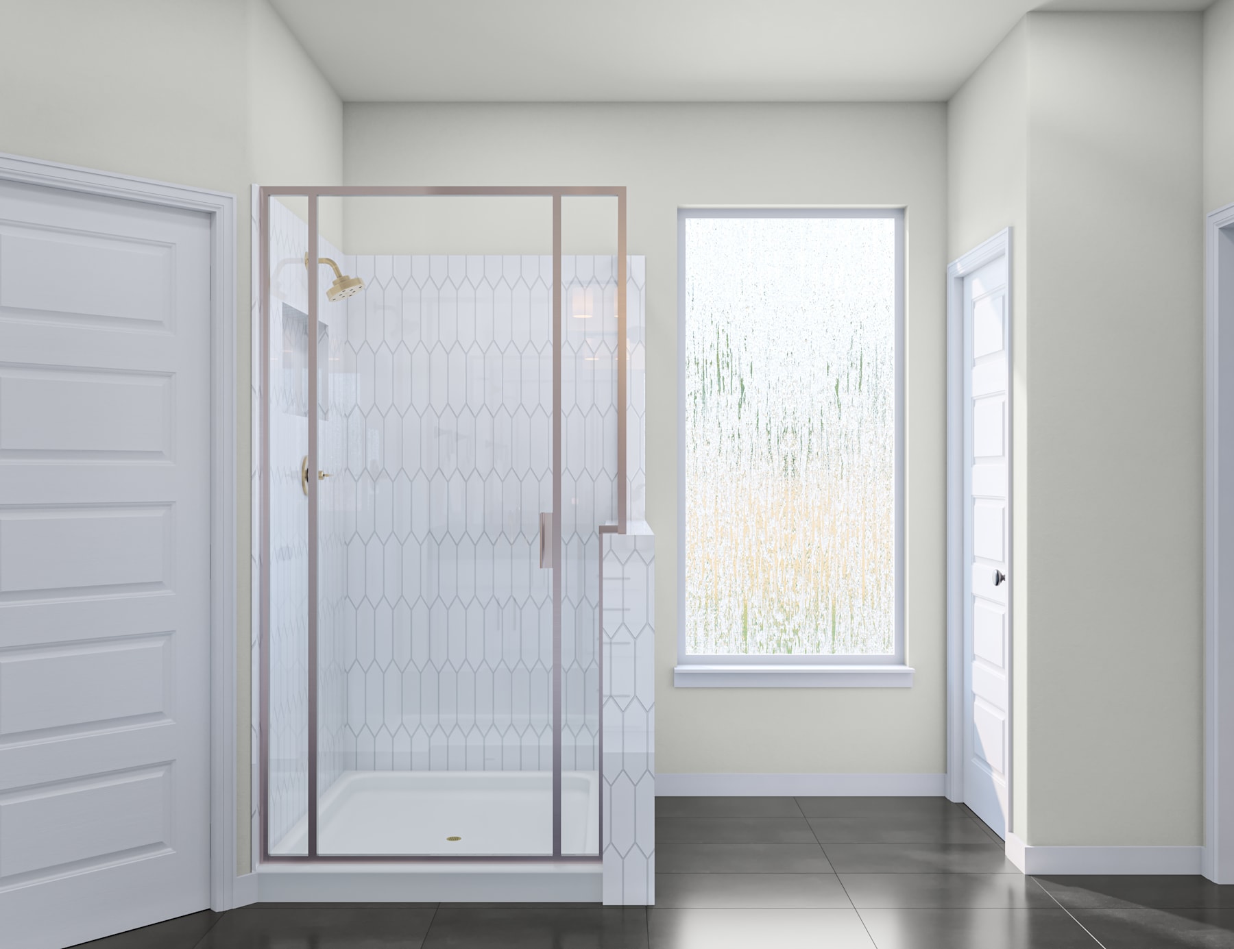 A modern, minimalist entryway with a glass shower door, white walls, and a window providing natural light.