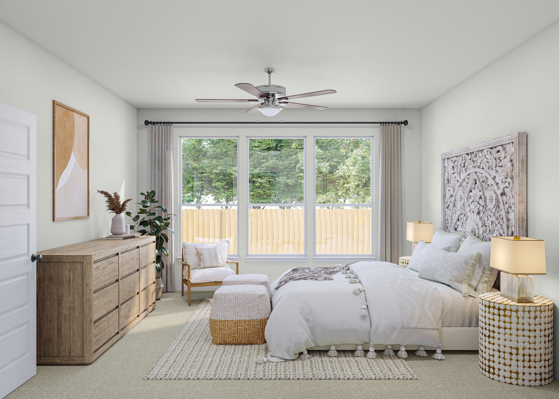 A cozy and well-furnished bedroom with a large window overlooking a lush, green outdoor area, featuring a bed, dresser, and various decorative elements that create a warm and inviting atmosphere.