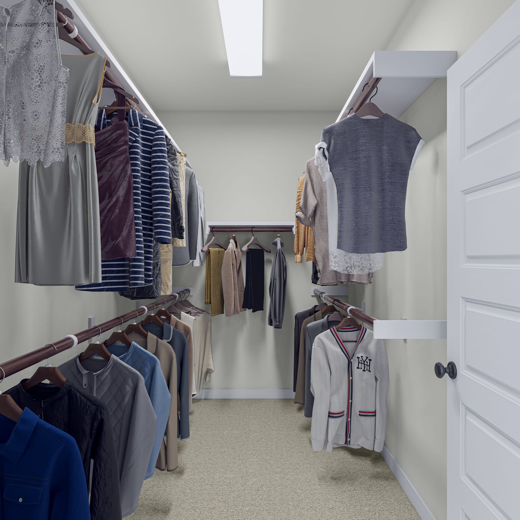 A well-organized walk-in closet filled with various clothing items, including shirts, jackets, and dresses, neatly arranged on hangers and shelves.