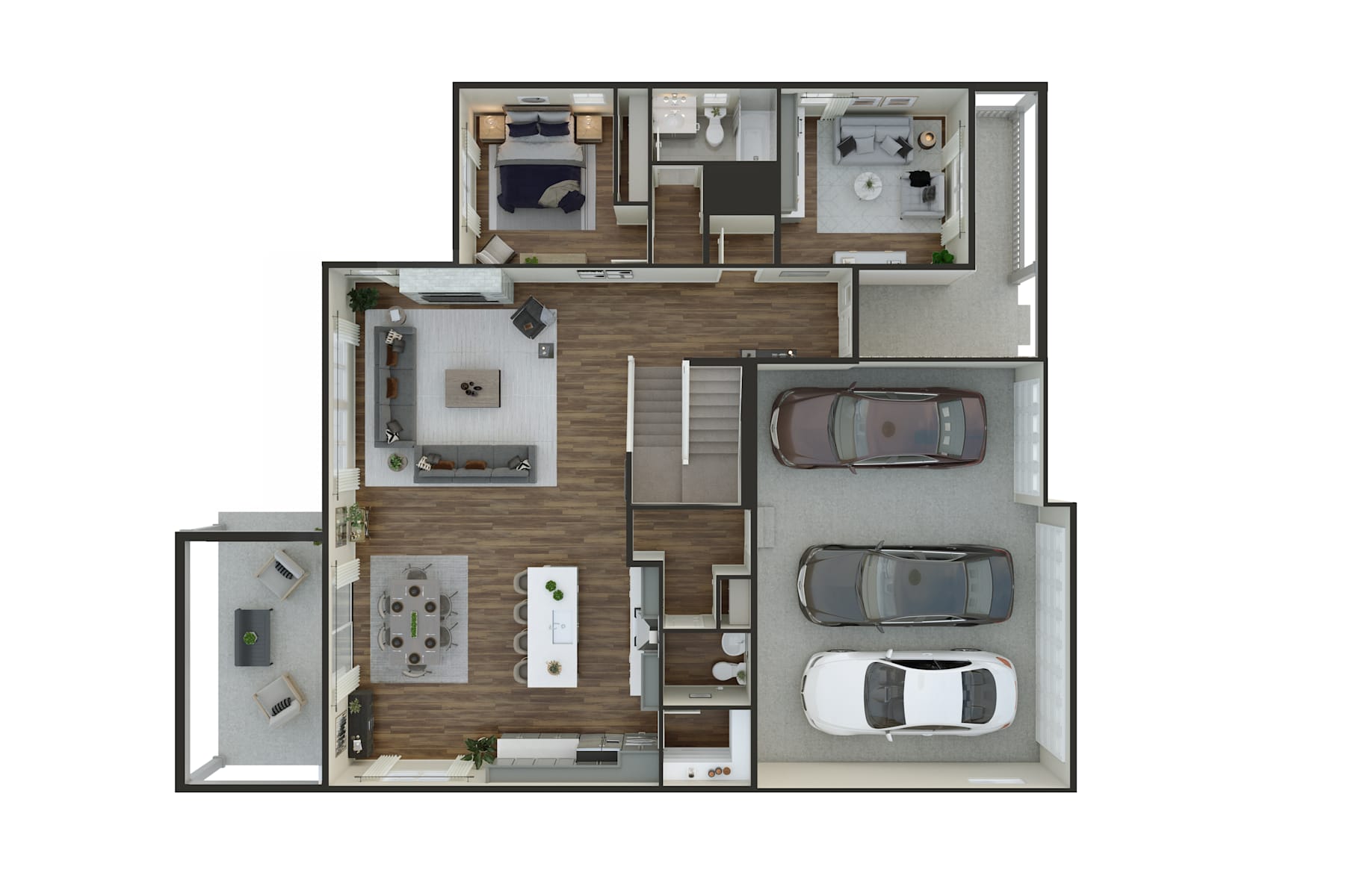 The image appears to be a floor plan or layout of a residential property, showcasing the various rooms and spaces within the home, including a living area, kitchen, bedrooms, and parking spaces.