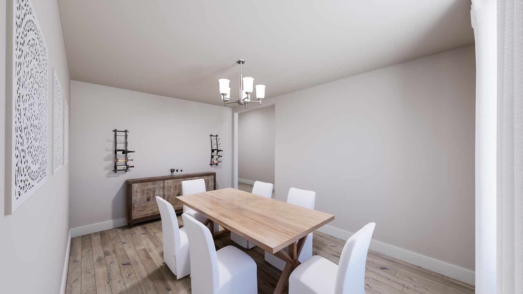 A modern dining room with a wooden table, white chairs, and a chandelier hanging from the ceiling, set against a neutral-colored wall.