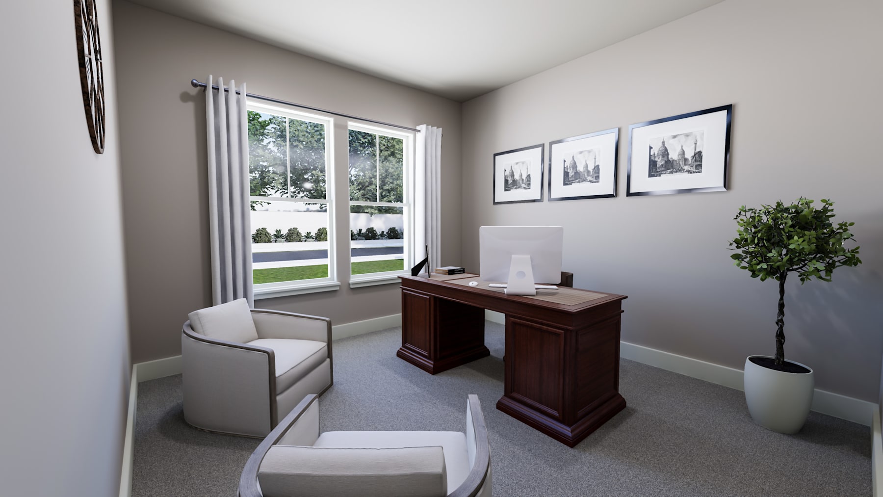 A cozy home office with a large window overlooking a lush outdoor landscape, featuring framed artwork on the walls and a potted plant adding a touch of greenery.