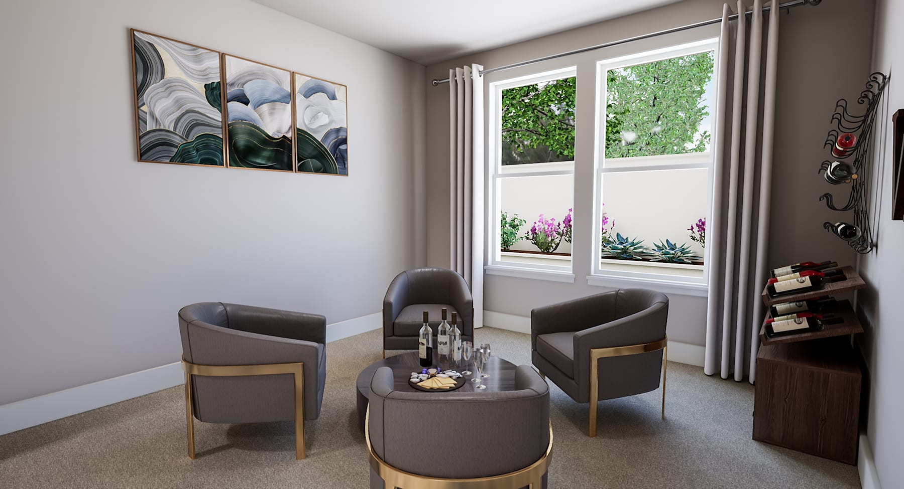 The image depicts a cozy and inviting living space with a pair of gray armchairs, a small round table, and a decorative wall art piece. The room is illuminated by large windows that offer a view of lush greenery outside.