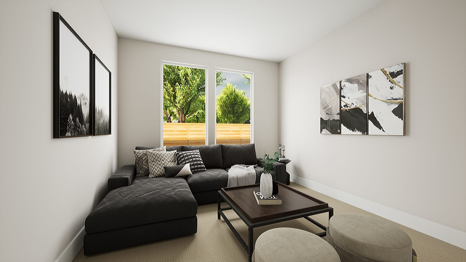 A cozy living room with a large window overlooking a lush, green outdoor space, featuring a comfortable sofa, framed artwork, and a wooden coffee table.