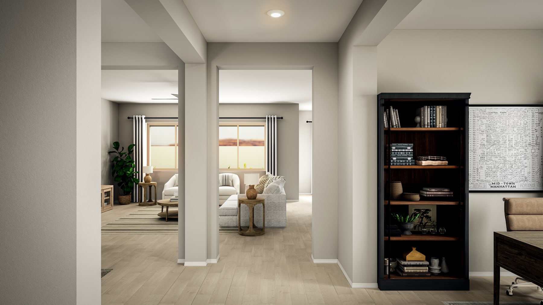 A spacious and minimalist hallway with white walls, wooden floors, and a bookshelf filled with various decor items, leading to a cozy living room area.