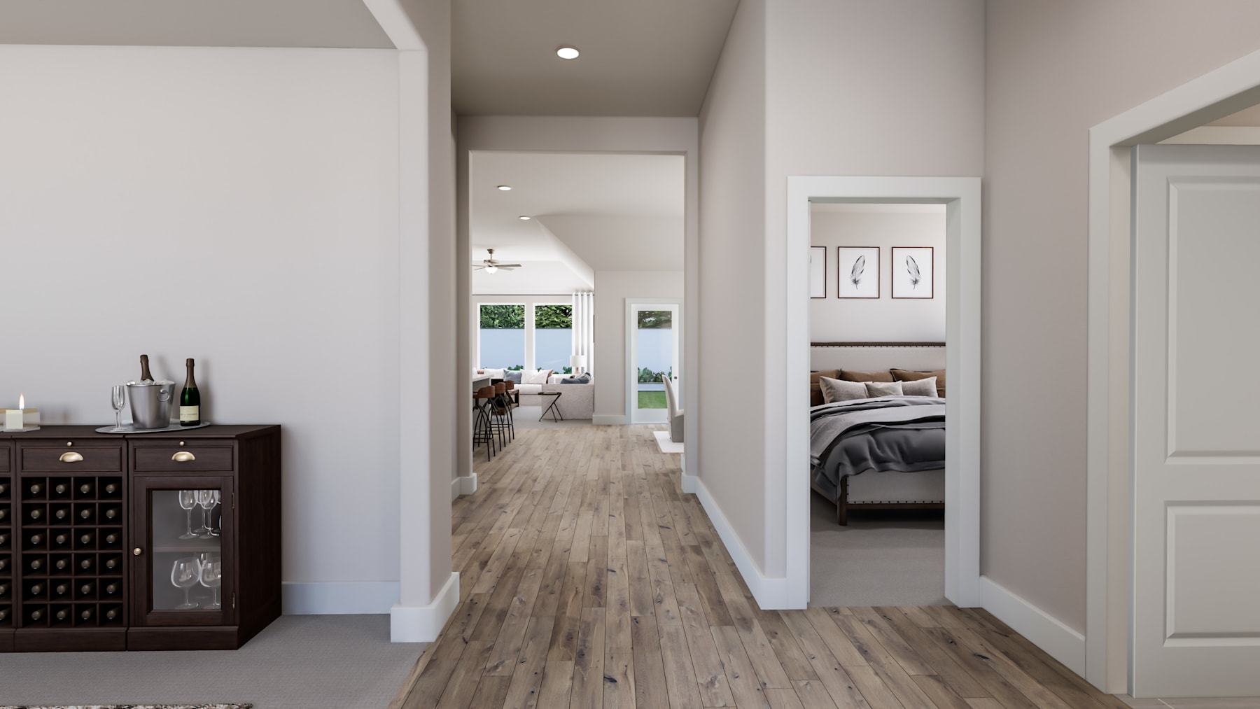 A spacious and well-lit hallway with a wooden floor, leading to a bedroom with a cozy-looking bed and a wine cabinet in the foreground.