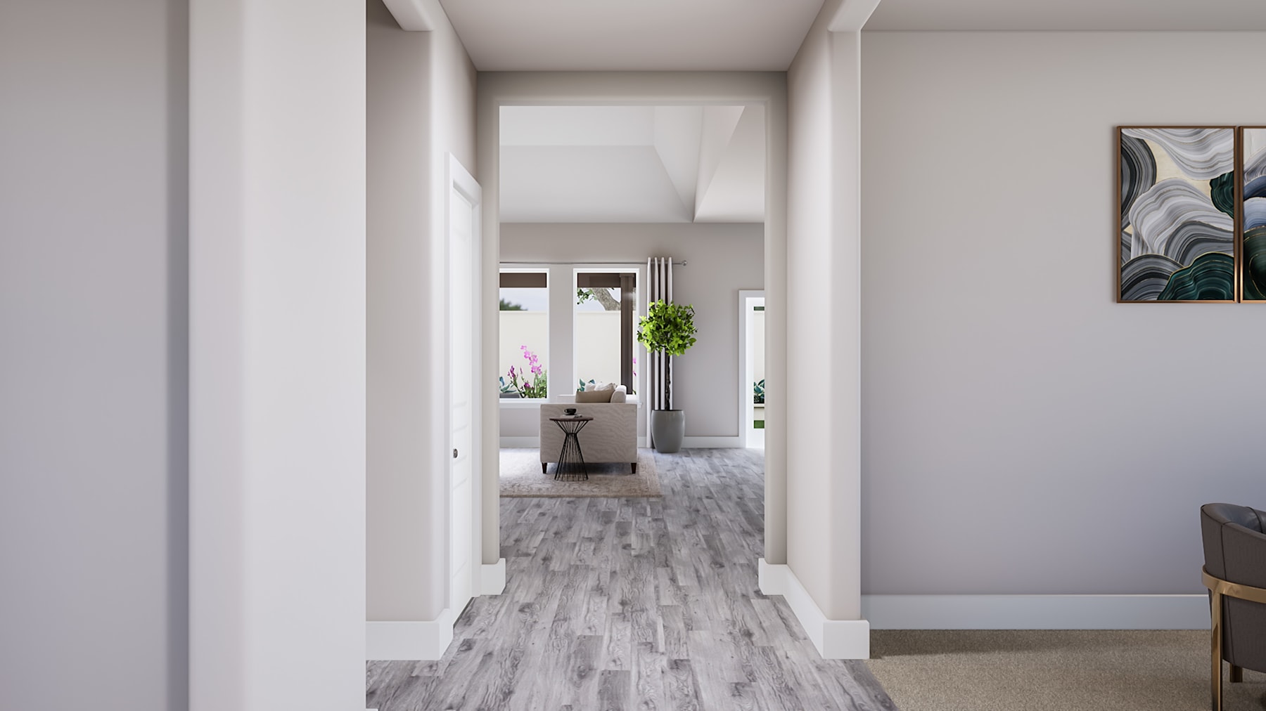A bright and airy hallway with a wooden floor and white walls, leading to a room in the background.