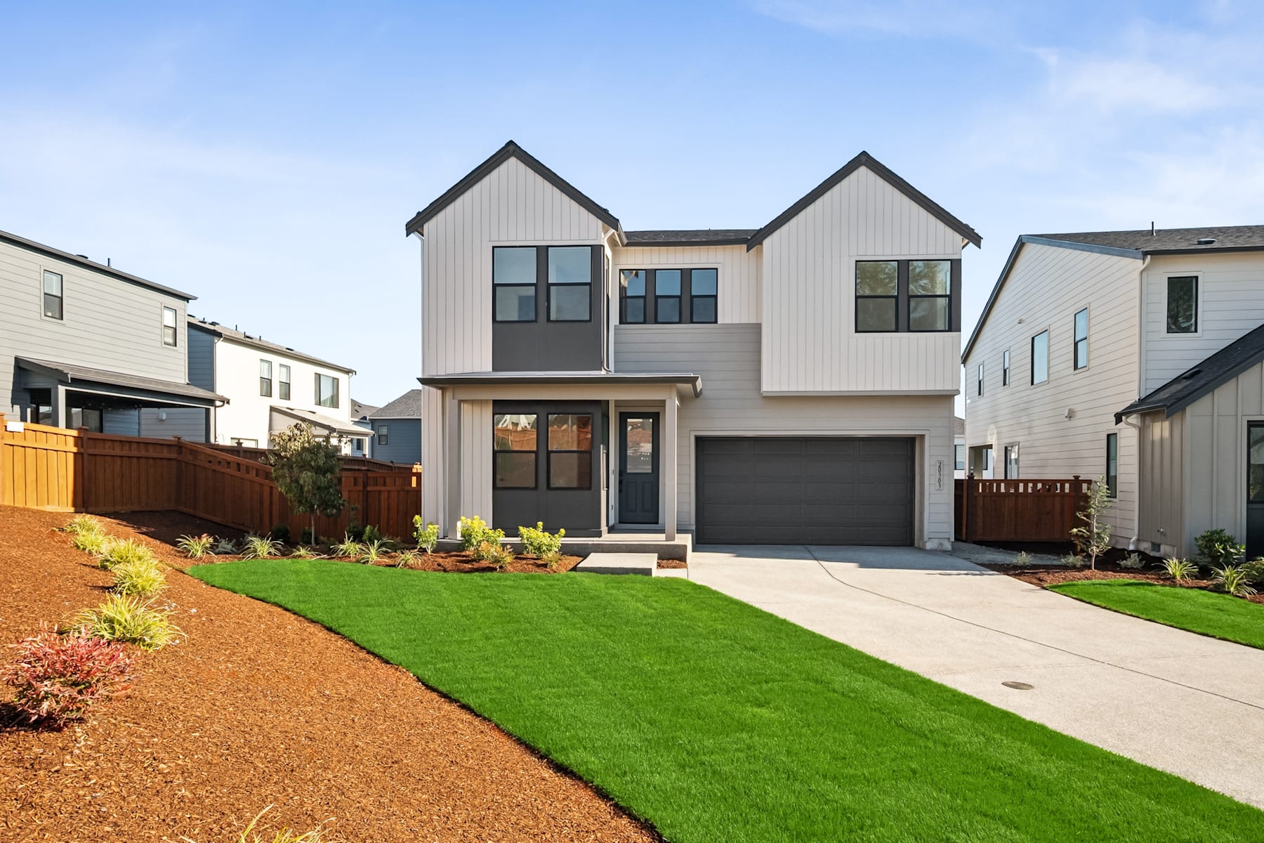 A modern two-story house with a well-manicured lawn and landscaping in the foreground, set against a clear blue sky in the background.