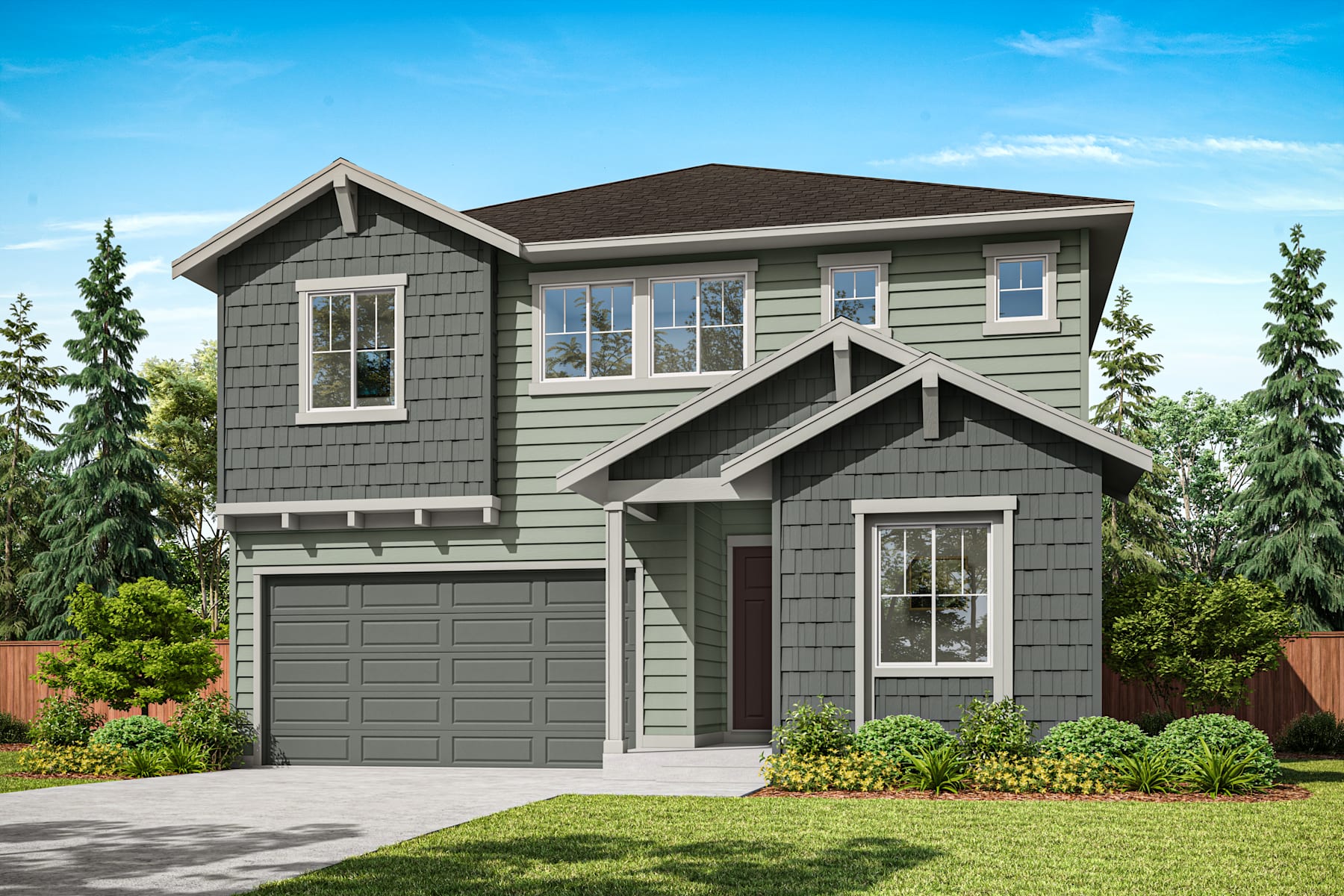 A two-story gray house with a garage, surrounded by lush greenery and a clear blue sky in the background.