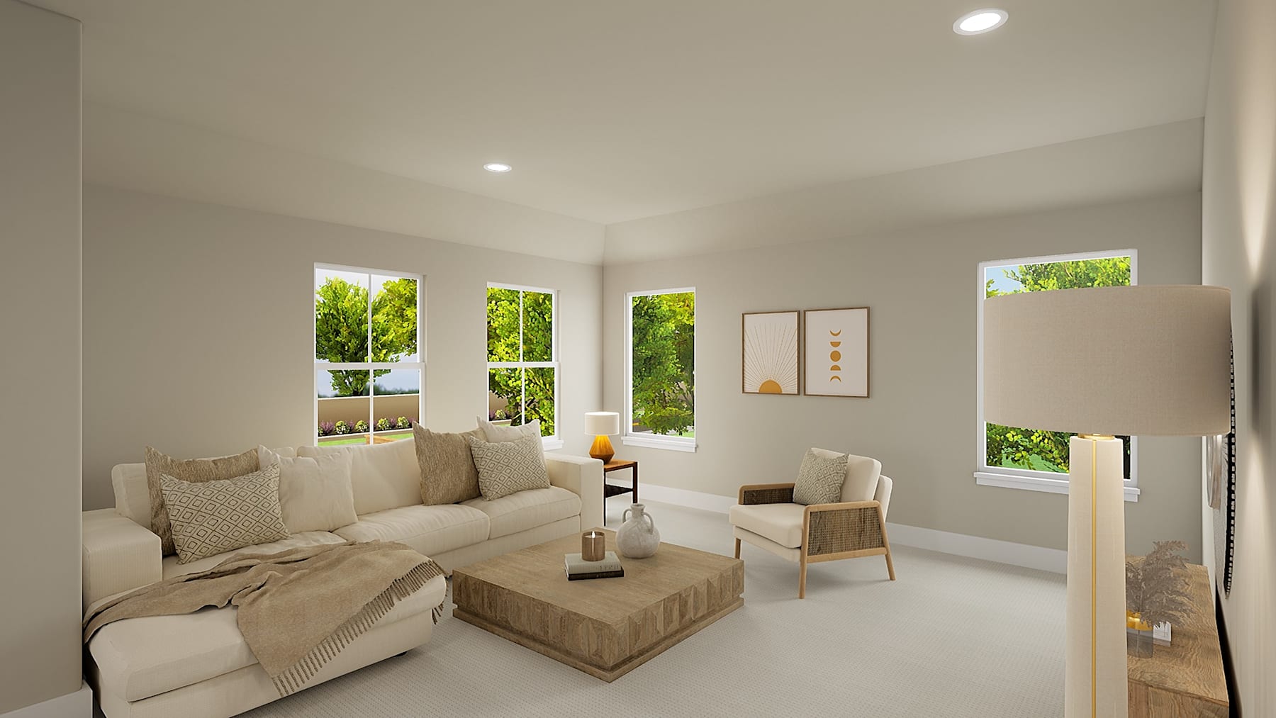 A cozy and bright living room with a comfortable sofa, armchair, and a wooden coffee table, surrounded by large windows that provide a view of the lush greenery outside.