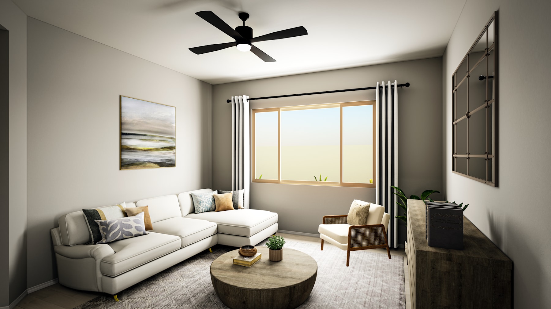 A cozy and inviting living room with a white sofa, a wooden coffee table, and a ceiling fan, set against a backdrop of large windows overlooking a scenic outdoor view.