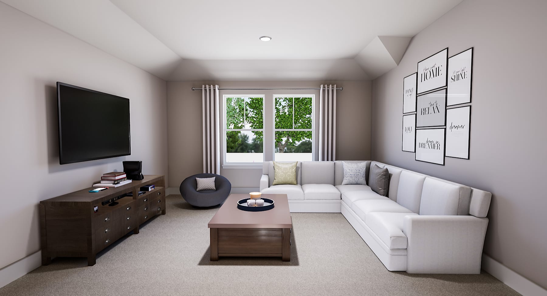 A cozy and modern living room with a large white sofa, a wooden dresser, and a television mounted on the wall. The room has large windows that provide natural light and a view of the outdoor greenery.