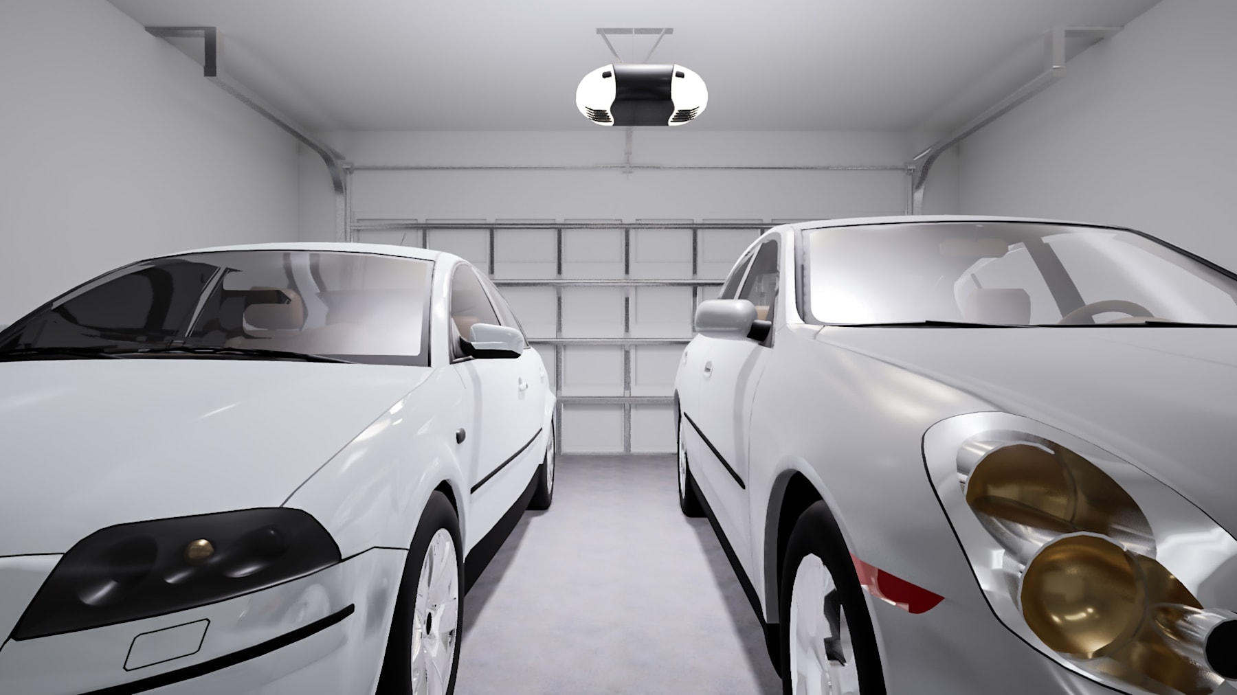 The image shows a garage or storage space containing two white vehicles, with shelving units visible in the background.