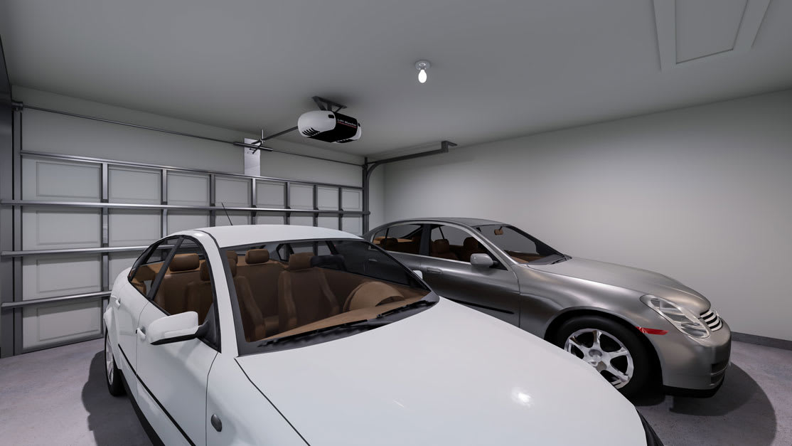 The image shows a modern, well-lit garage with two cars parked inside - a white car in the foreground and a silver car in the background.