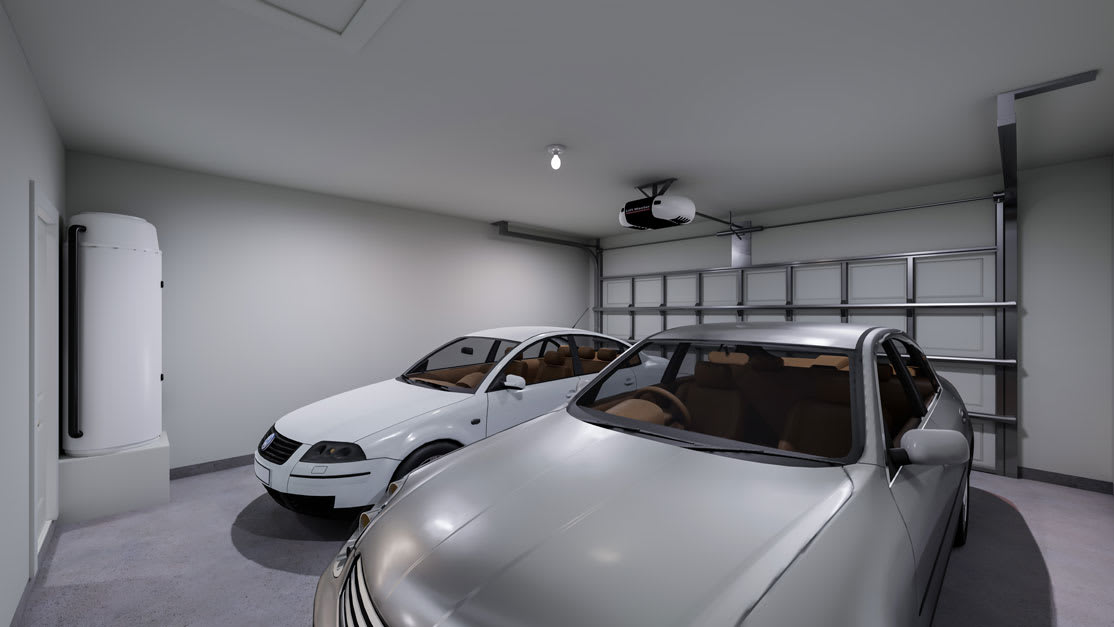 A garage interior with three parked cars, shelving units, and a water heater visible in the background.