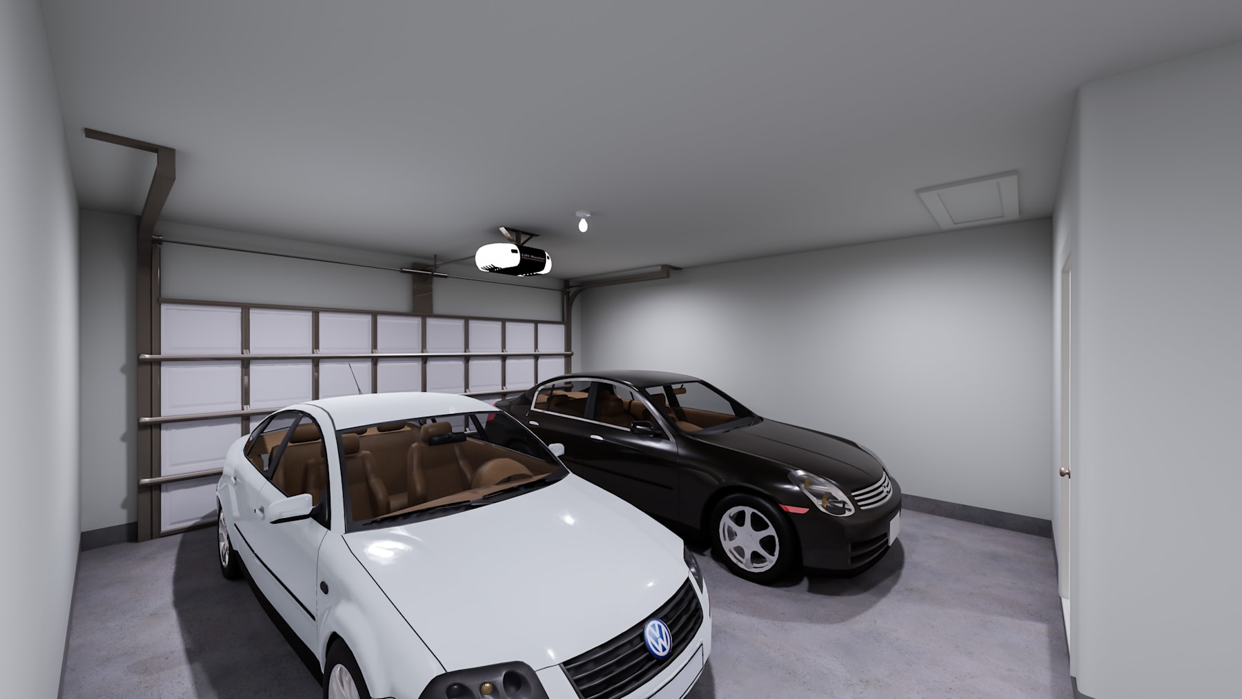 A modern, minimalist garage interior with two parked cars, one white and one black, against a plain gray background.