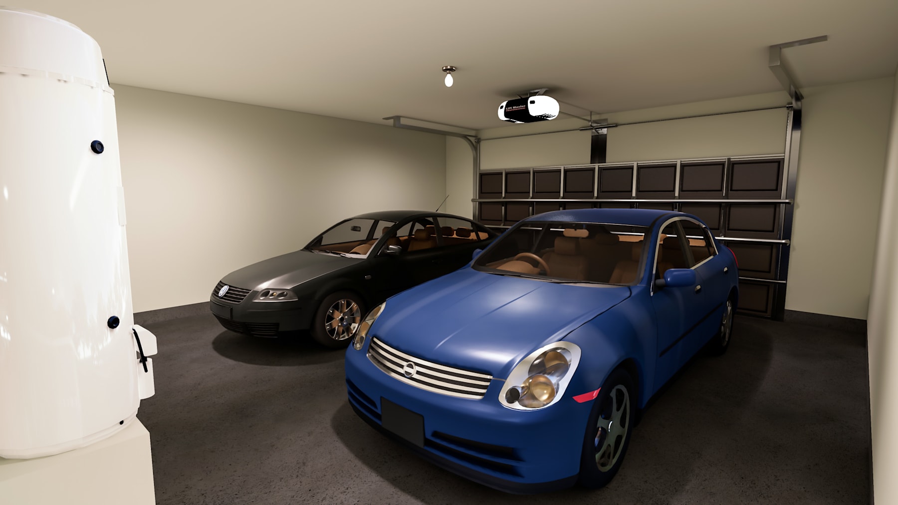 A garage interior with two small, compact cars parked inside - a blue car in the foreground and a black car in the background, with shelving units and storage visible along the walls.