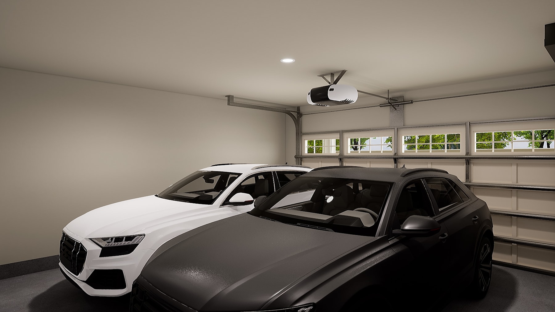 A modern, well-lit garage interior with a white SUV and a projector mounted on the ceiling.