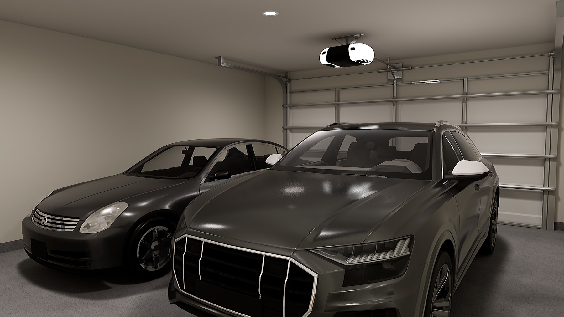 The image shows a garage interior with two vehicles parked inside, one in the foreground and another in the background. The vehicles appear to be SUVs or crossover models, with the one in the foreground being a darker color.