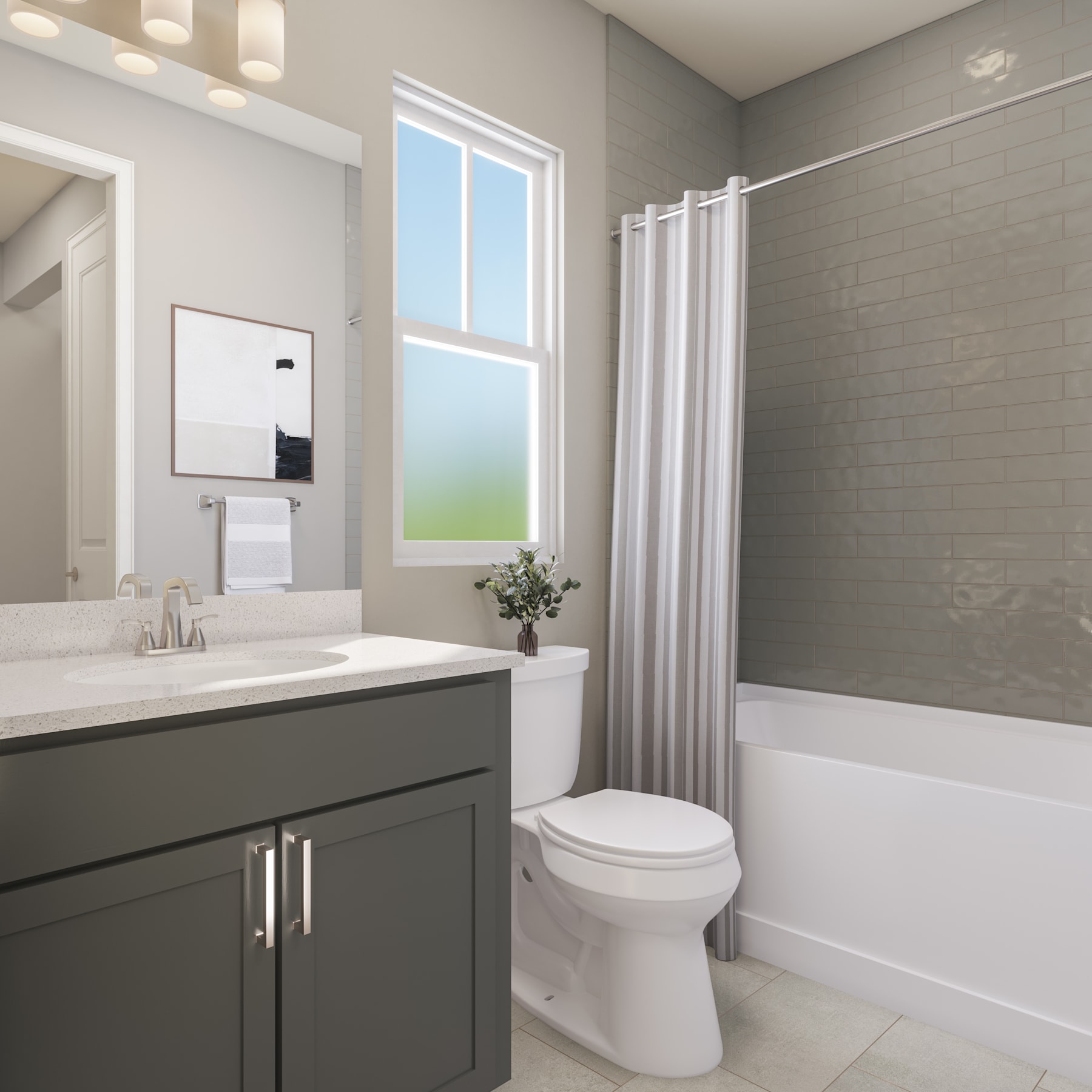A modern and minimalist bathroom with a gray vanity, a white toilet, and a bathtub surrounded by a white curtain, with a large window providing natural light.
