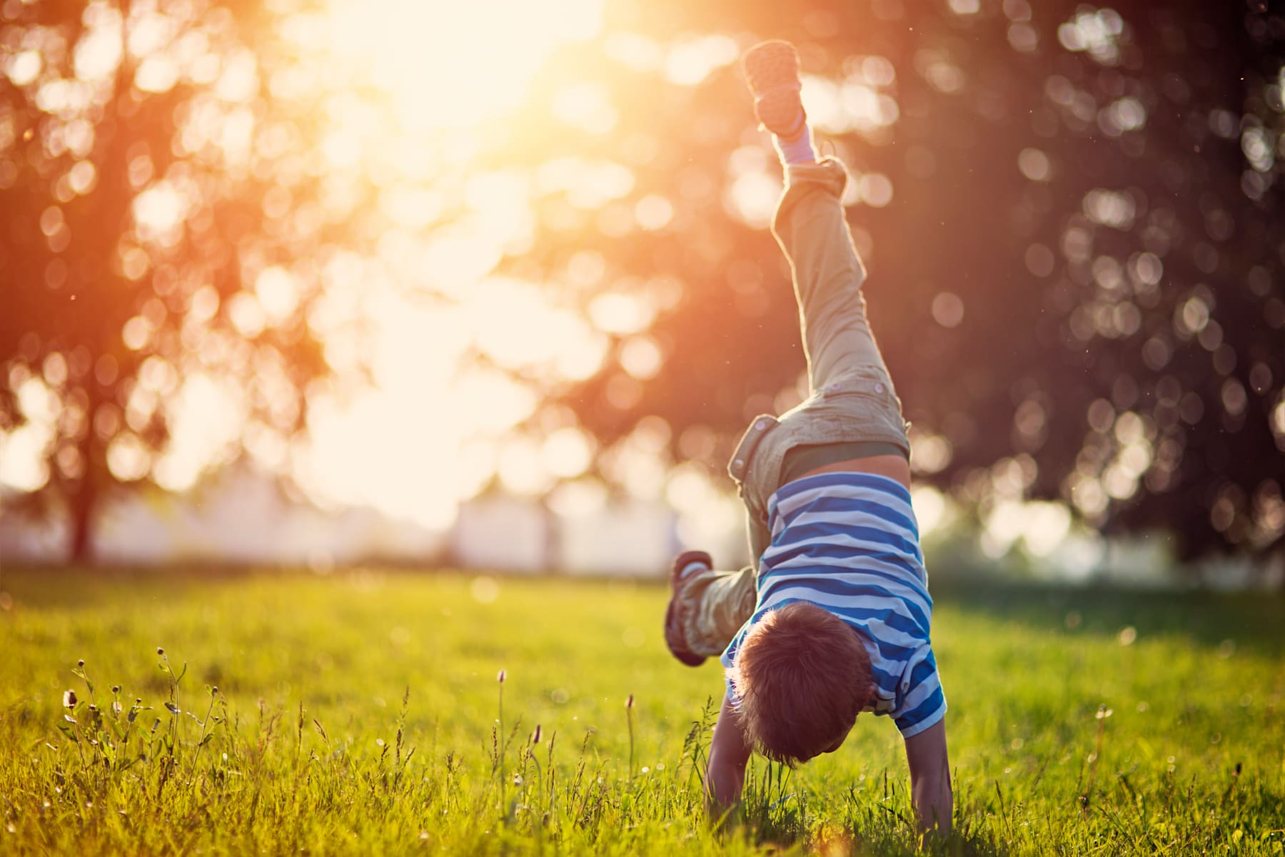 A person in striped clothing is performing a handstand on a grassy field, with a blurred background of trees and sunlight filtering through.