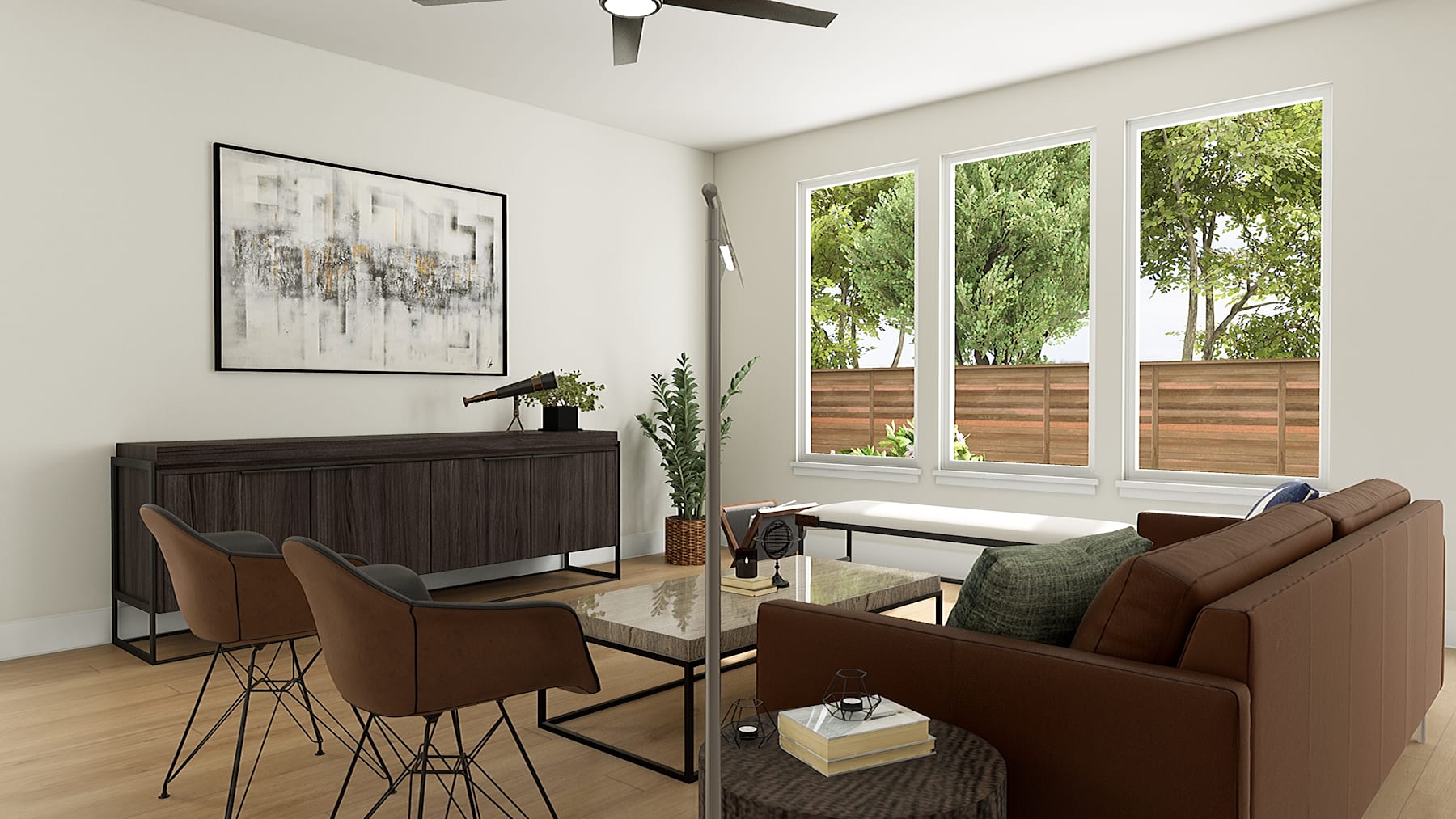 A modern and cozy living room with a large window overlooking a lush, green outdoor space, featuring a brown leather sofa, a glass coffee table, and a decorative abstract painting on the wall.