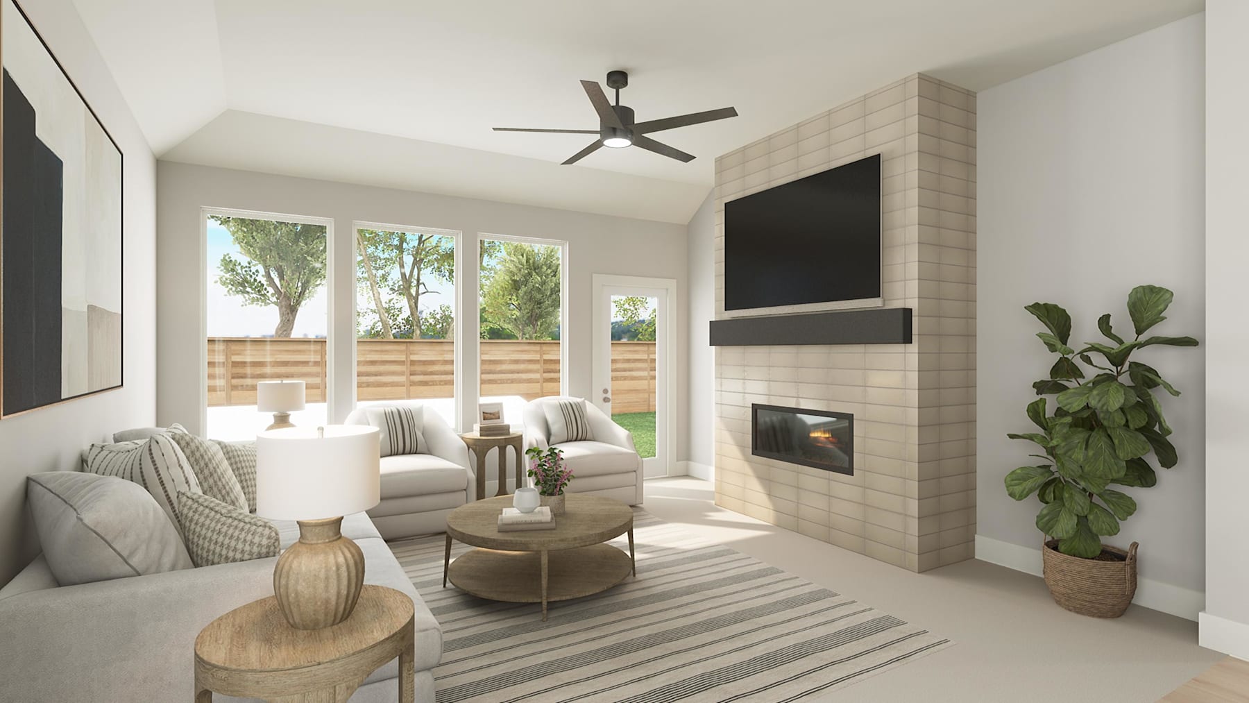 A cozy and well-designed living room with a fireplace, comfortable seating, and large windows overlooking a lush outdoor area.