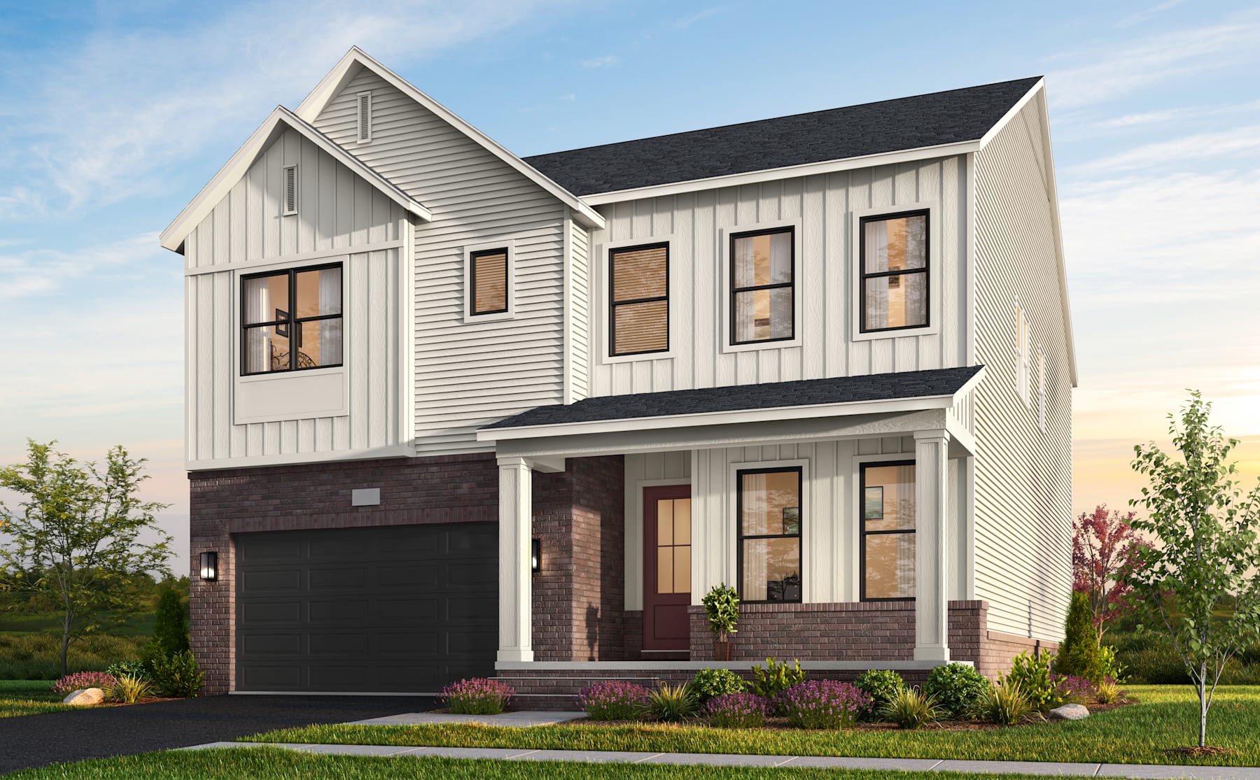 A two-story residential house with a garage, surrounded by landscaped greenery and a clear sky in the background.