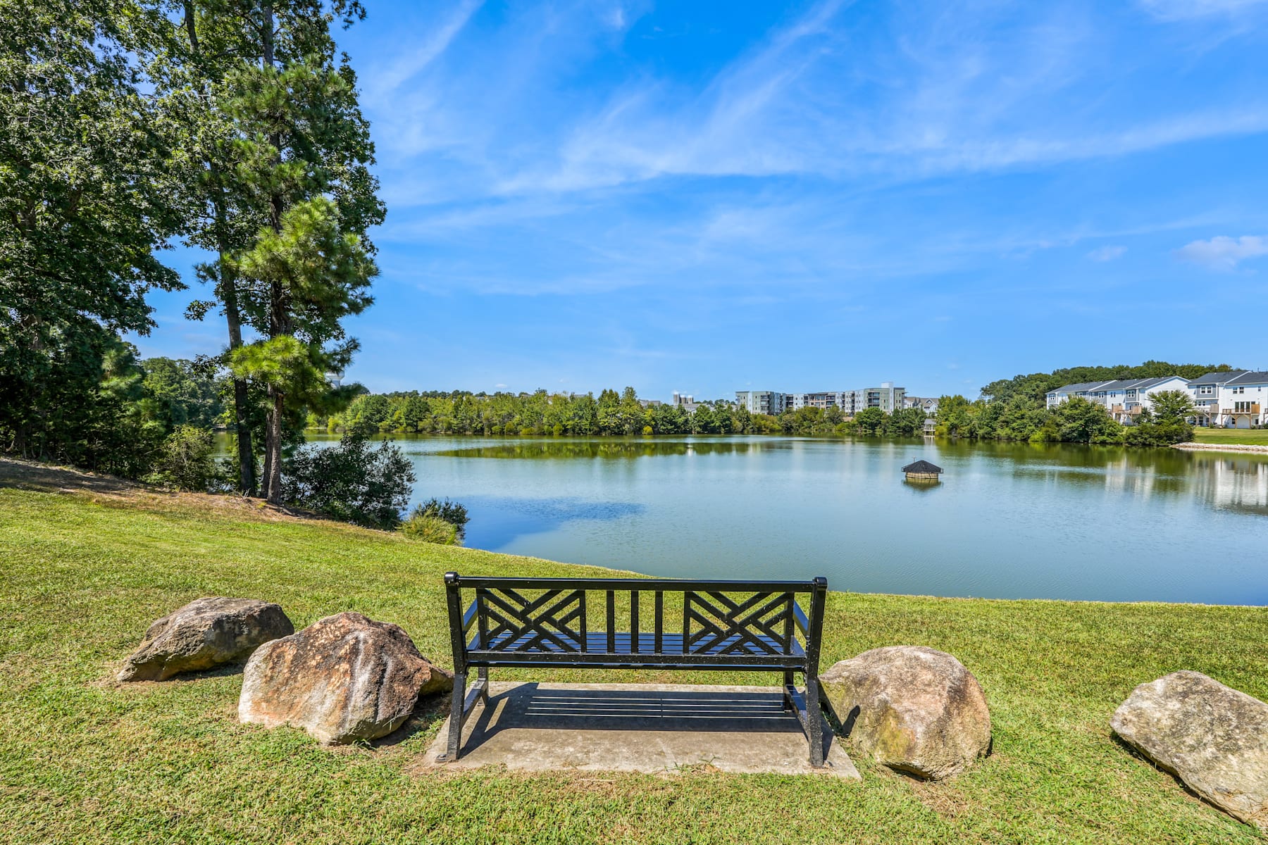A peaceful lakeside scene with a wooden bench overlooking the calm waters, surrounded by lush greenery and a clear blue sky.
