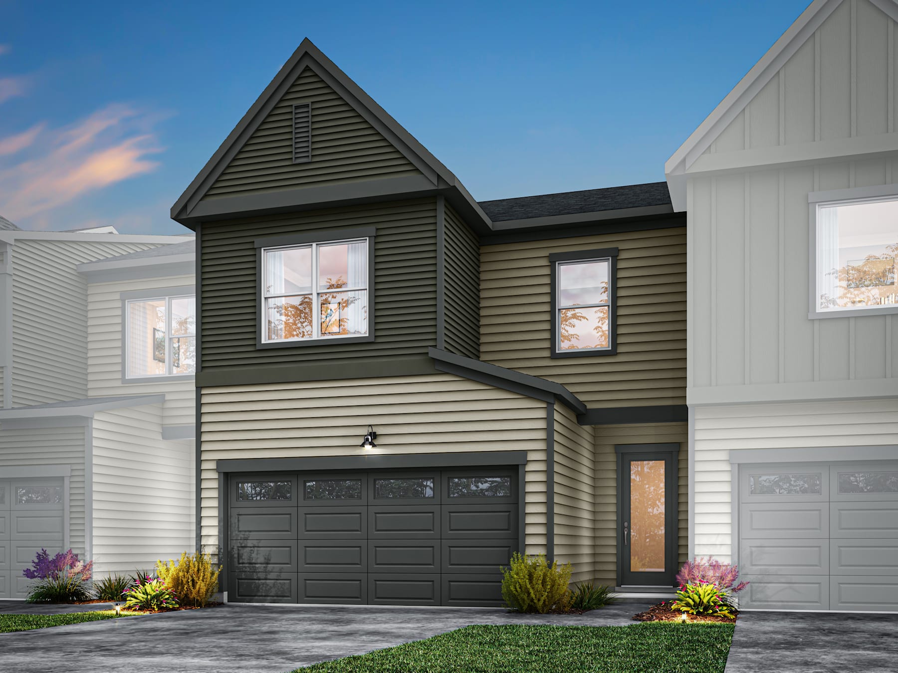 A modern two-story house with a black garage door, gray siding, and a triangular roof peak stands in the foreground, set against a clear blue sky in the background.