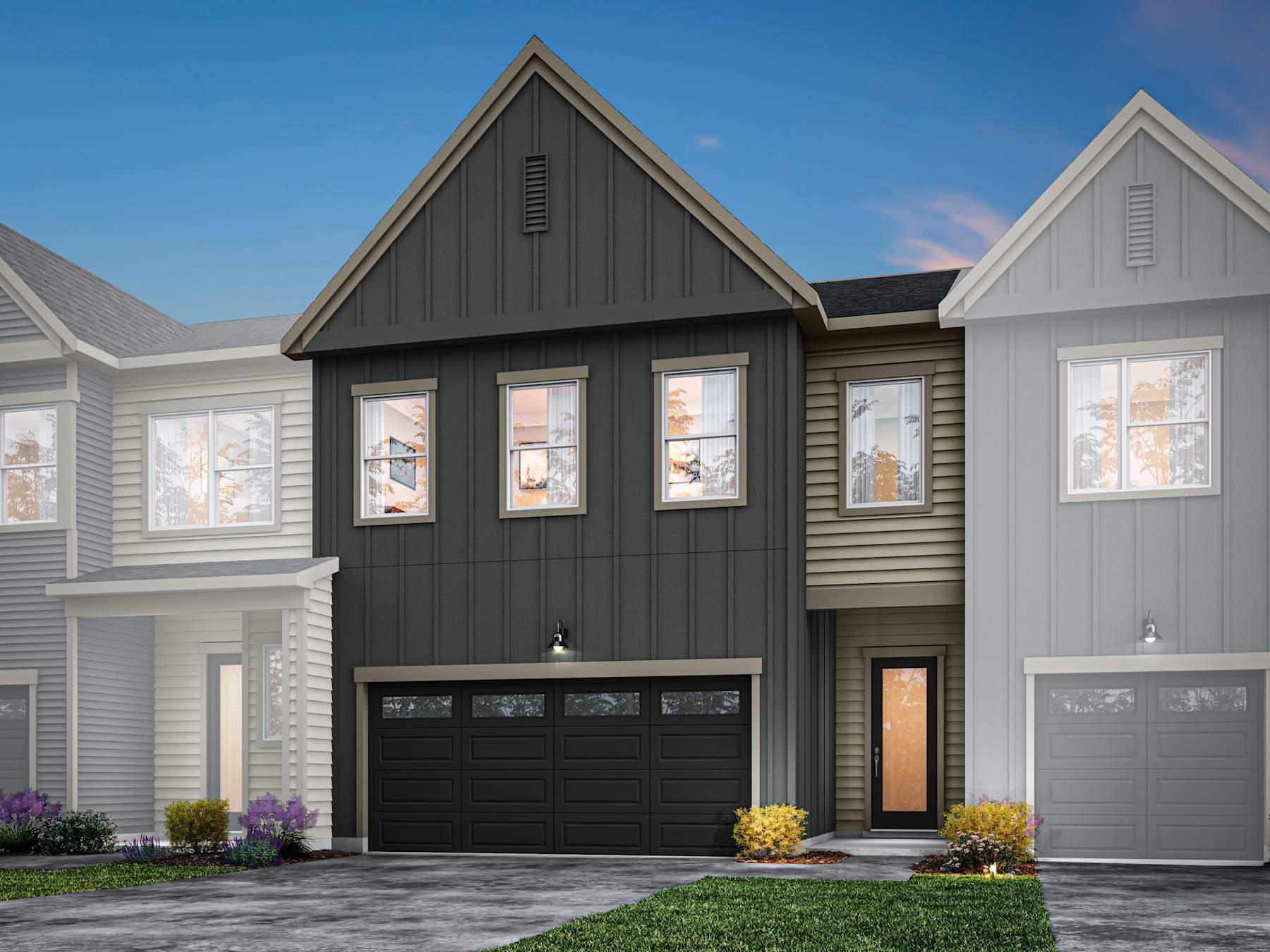 A modern two-story house with a black garage door, gray siding, and a triangular roof peak stands in the foreground, surrounded by a paved driveway and landscaped greenery.