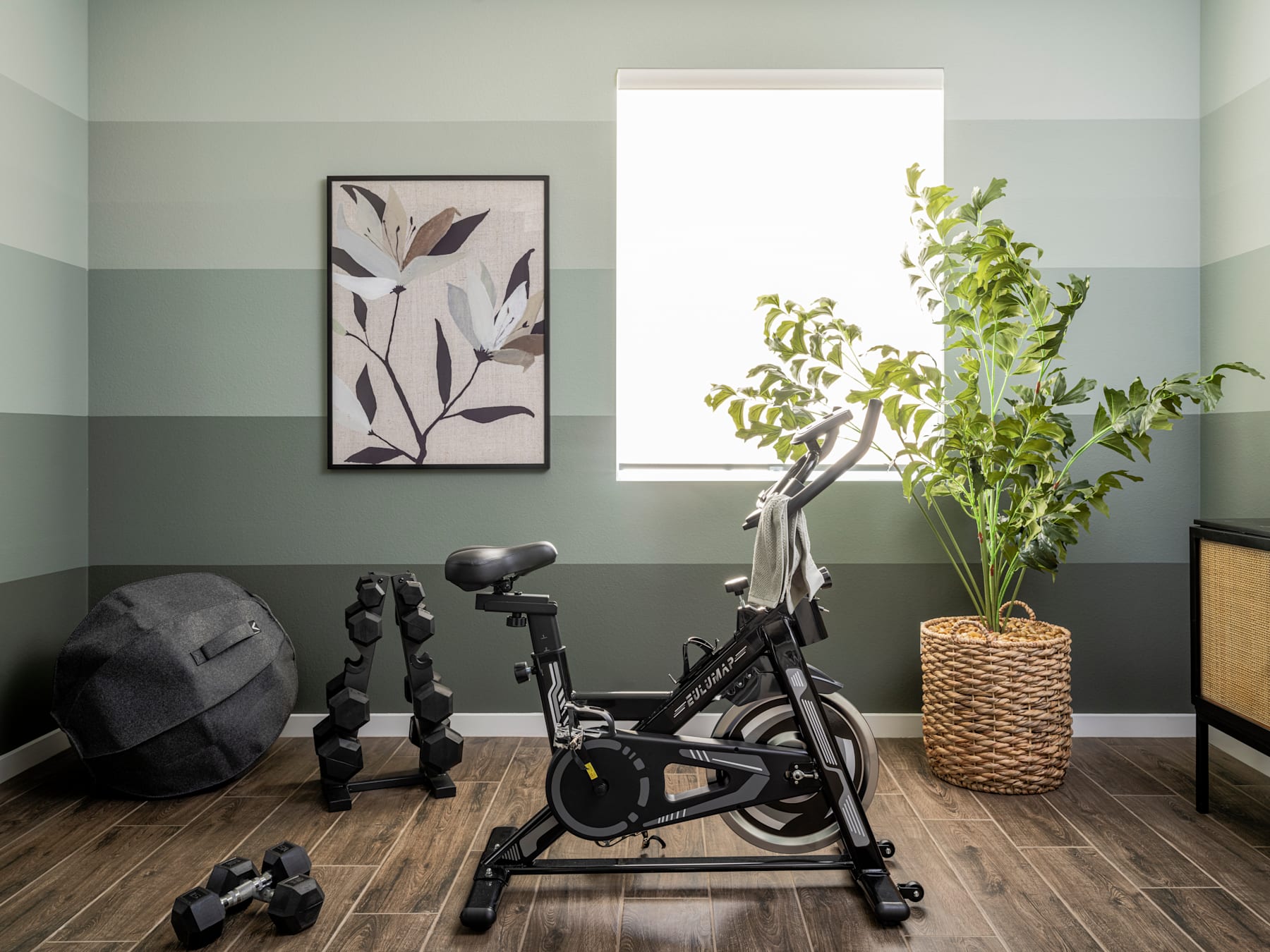 A cozy home gym setup with an exercise bike, potted plants, and a framed artwork on the wall, set against a neutral-toned color scheme.