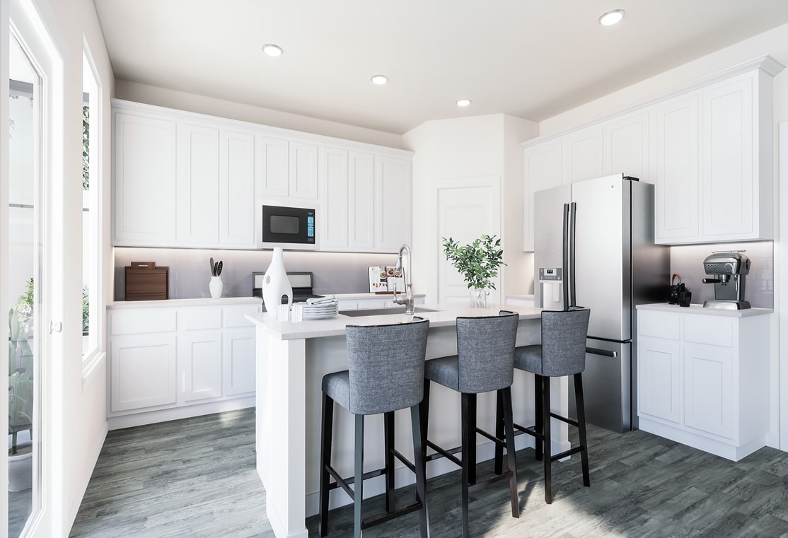 A modern, minimalist kitchen with white cabinets, gray bar stools, and stainless steel appliances, set against a backdrop of a bright, open space.
