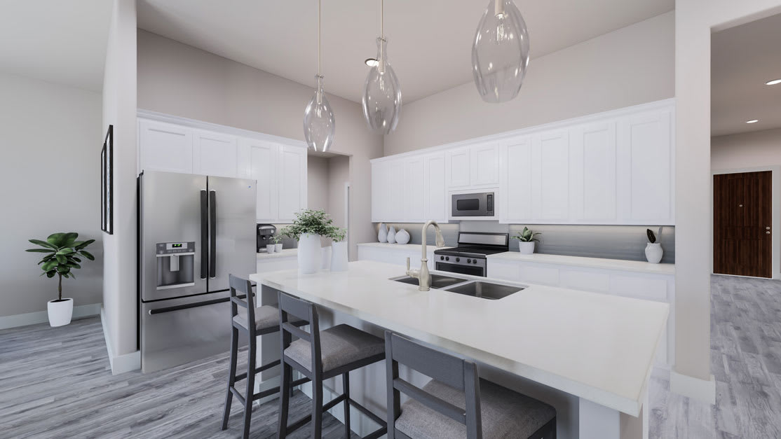 A modern, minimalist kitchen with sleek white countertops, stainless steel appliances, and pendant lighting fixtures creating a bright and airy atmosphere.