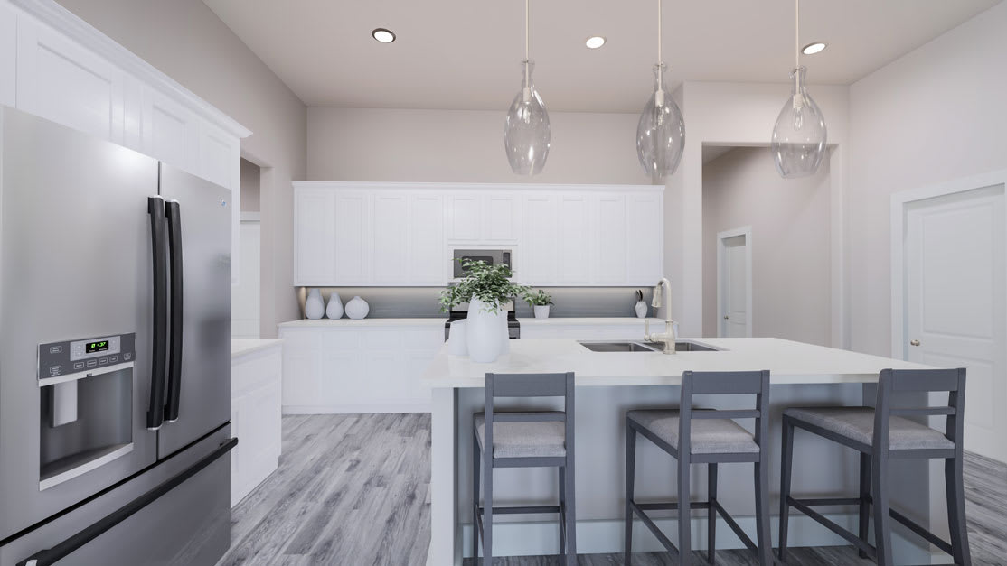 A modern, minimalist kitchen with white cabinets, gray bar stools, and pendant lights hanging above the counter.