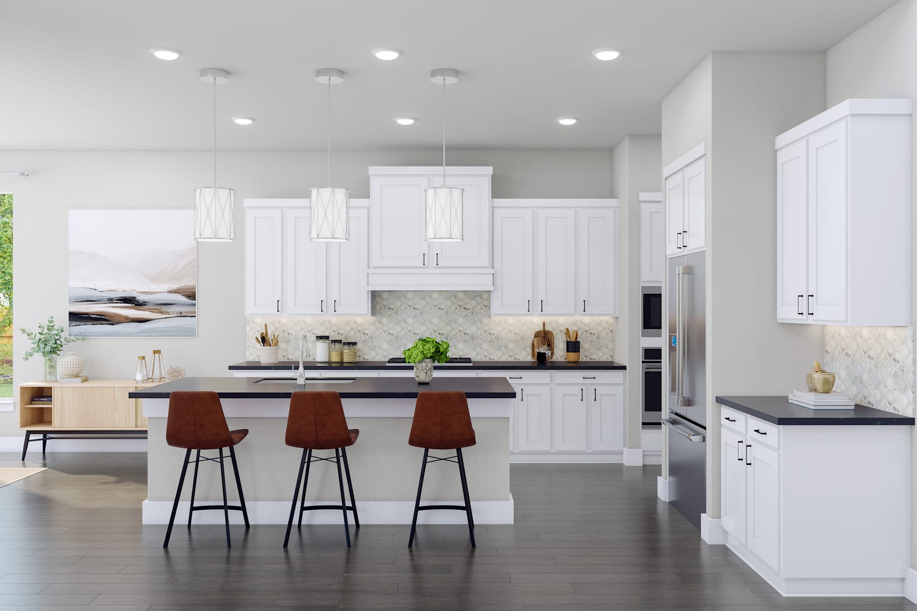 A modern, bright, and spacious kitchen with white cabinets, a large island with bar stools, and a mix of stainless steel and wooden accents.
