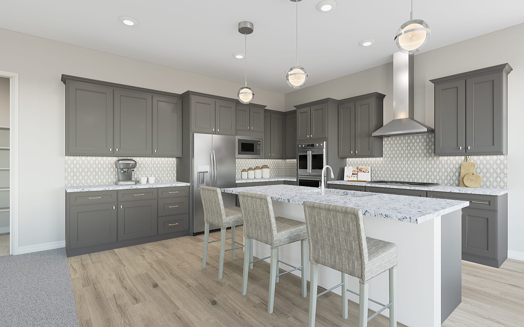 A modern and stylish kitchen with gray cabinets, a white countertop, and pendant lighting fixtures, featuring a kitchen island with stools.