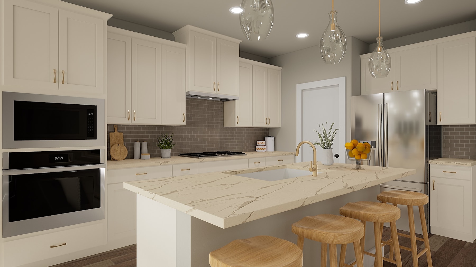 A modern and stylish kitchen with white cabinets, a marble-like countertop, and pendant lights hanging above the island, creating a warm and inviting atmosphere.