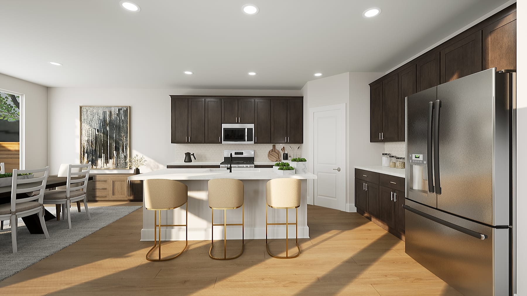 A modern and spacious kitchen with dark wood cabinets, stainless steel appliances, and a central island with bar stools, set against a bright and airy backdrop.