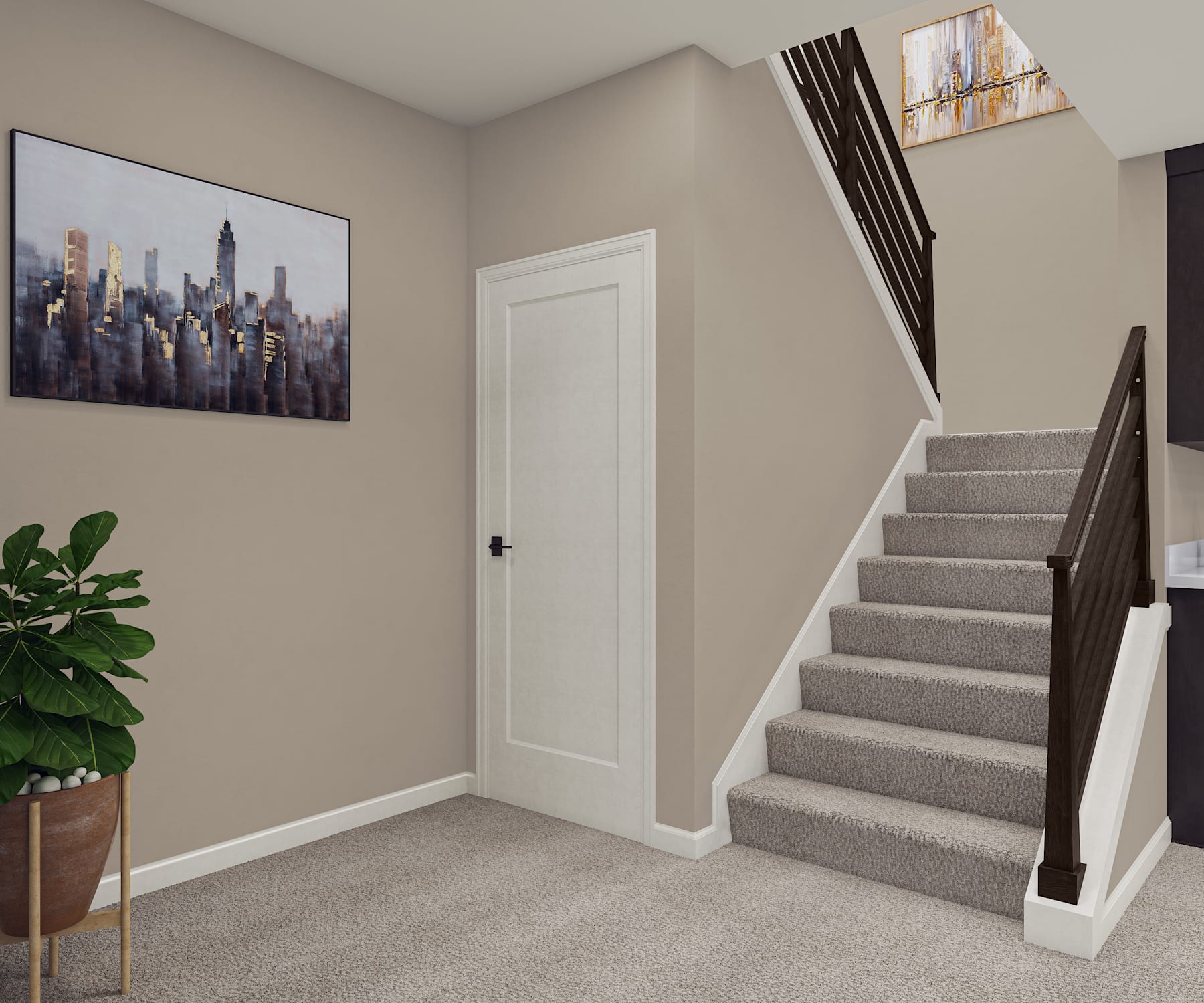 A modern and well-lit entryway with a staircase, a large wall art depicting a cityscape, and a potted plant in the foreground.
