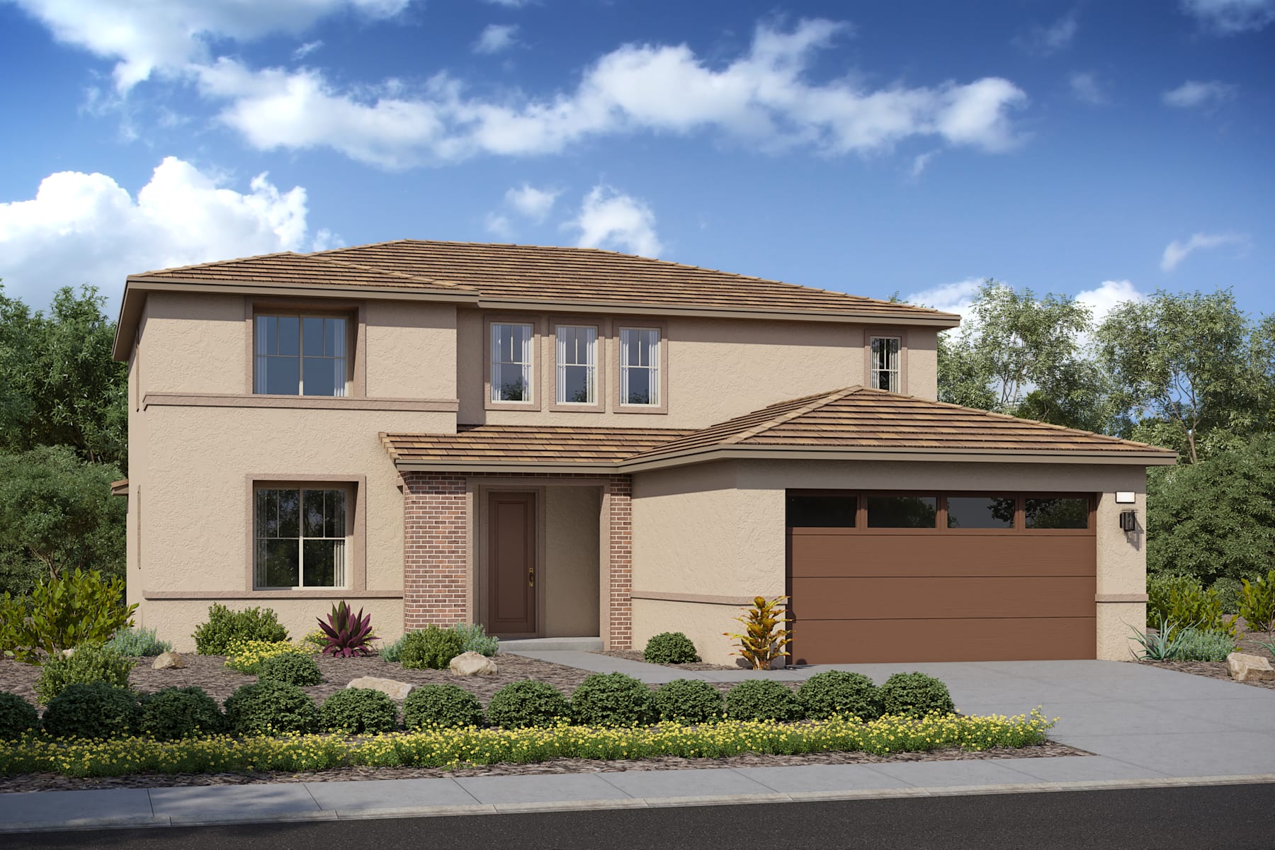 A two-story residential house with a garage, surrounded by lush greenery and a clear blue sky with fluffy white clouds.