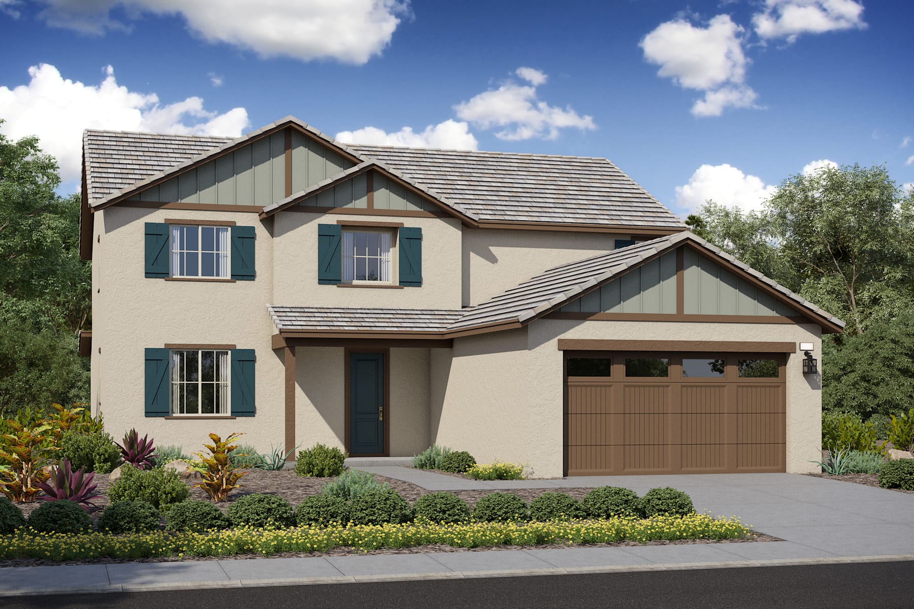 A two-story residential house with a garage, surrounded by lush greenery and a clear blue sky with fluffy white clouds.