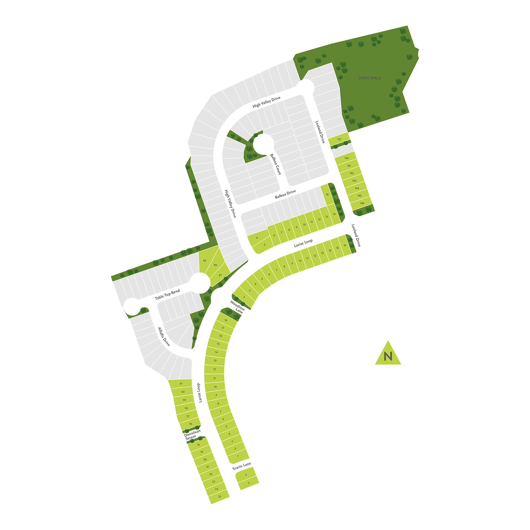 A simplified map or site plan showing a complex of buildings and green spaces, with a winding path or road leading through the area.