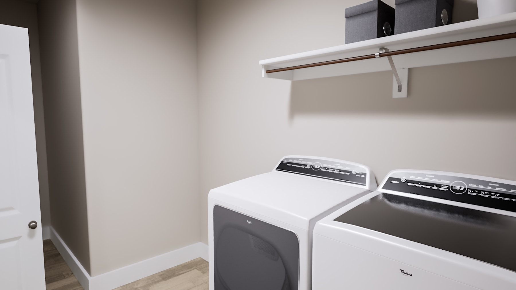 A small laundry room with a white washing machine and dryer, shelves, and a hanging rod for clothes.