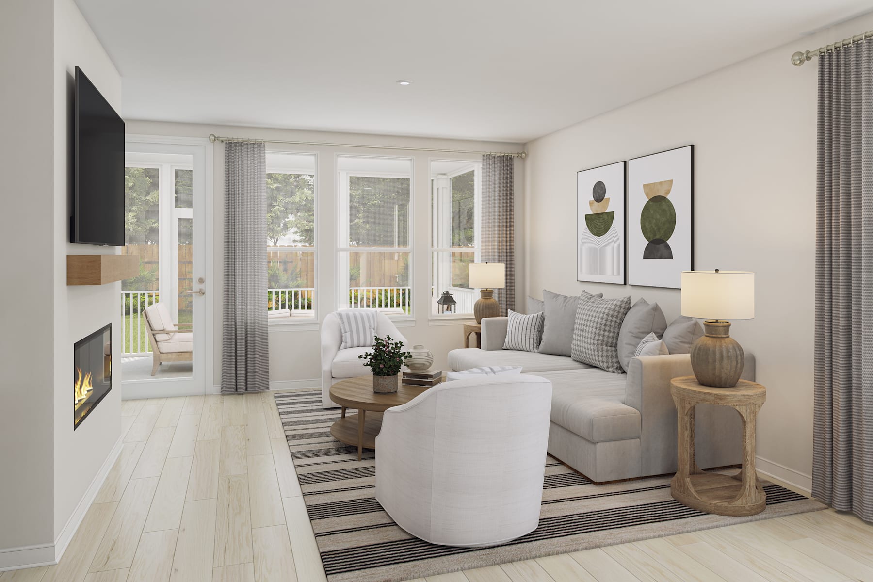 A cozy and inviting living room with a fireplace, large windows, and a neutral color palette, featuring a comfortable sofa, armchair, and various decorative elements.