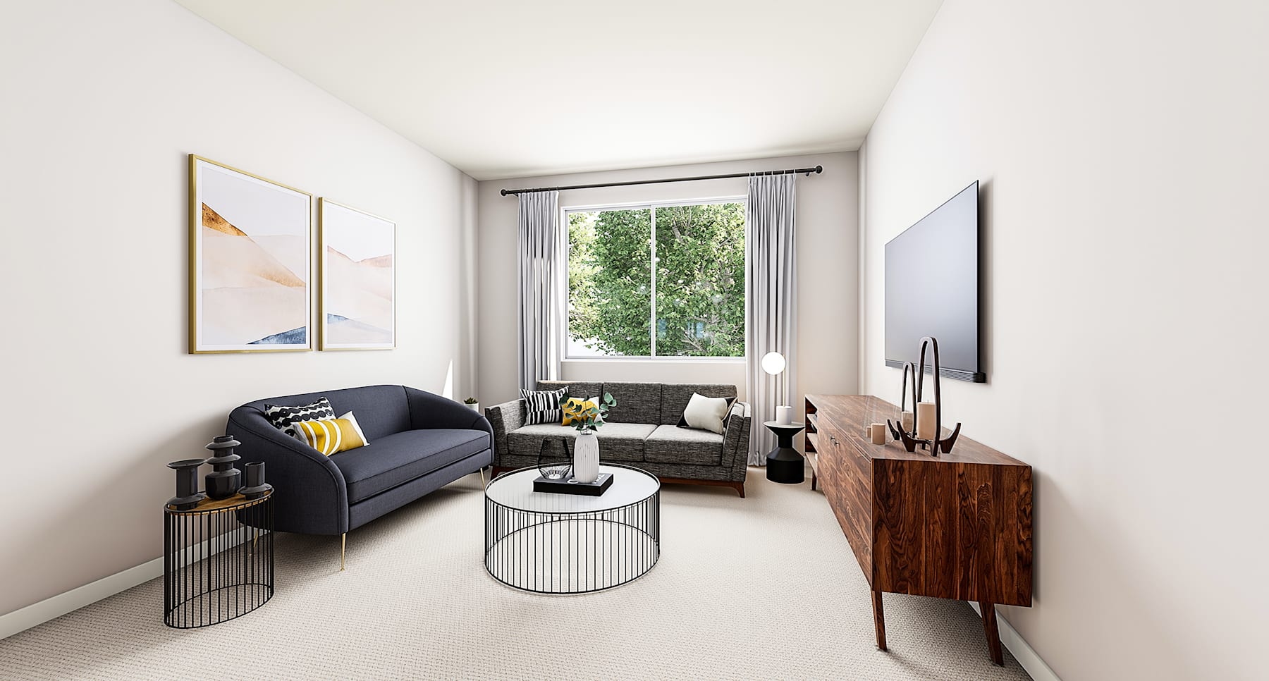 A cozy living room with a comfortable sofa, a wooden cabinet, and a framed artwork on the wall, overlooking a lush outdoor view through the window.
