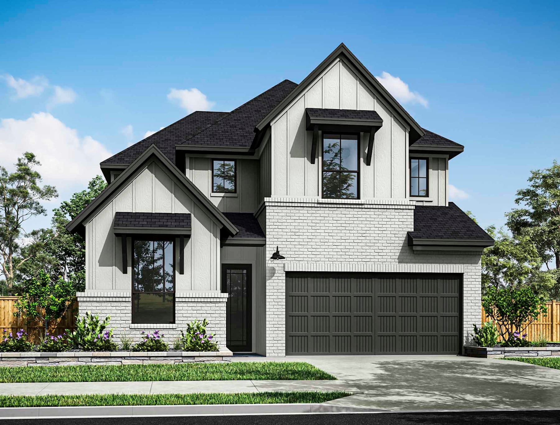 A two-story modern farmhouse-style home with a black roof, white siding, and a garage door sits on a grassy lawn surrounded by trees in the background.