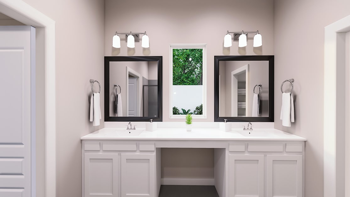 A modern and well-designed bathroom vanity with two sinks, framed mirrors, and a vertical plant display in the background, creating a clean and refreshing atmosphere.